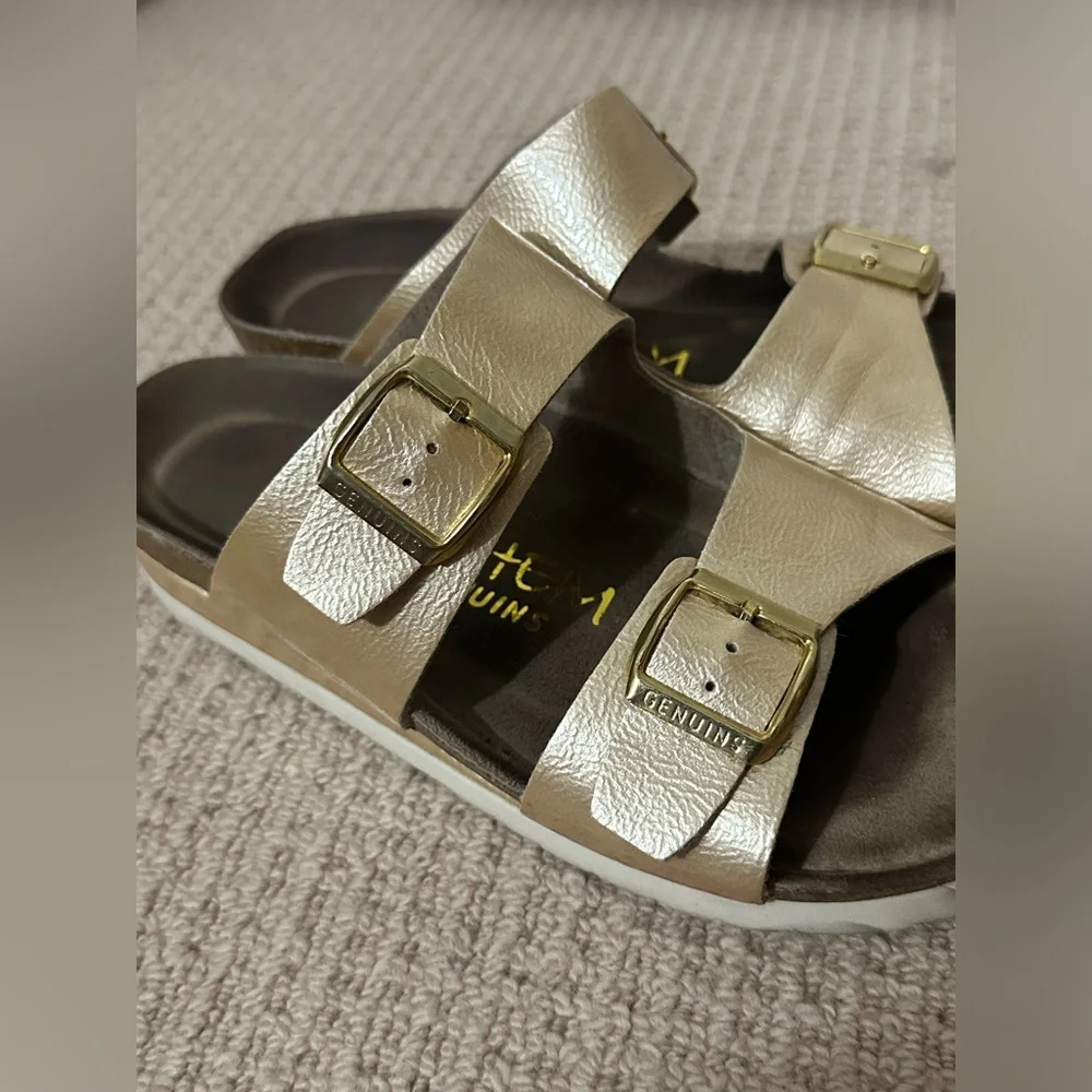 Ethem Genuins Canton Double Buckle Slide Sandal Gold Size 8-8.5 - Picture 3 of 6
